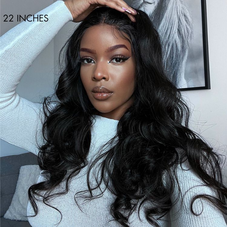 Super Easy Natural Black Body Wave 4x4 Closure Lace Glueless Mid Part Long Wig 100% Human Hair