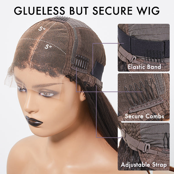 4C Edges | Natural Black  Kinky Edges Kinky Straight 5x5 Closure Glueless Long Wig 100% Human Hair