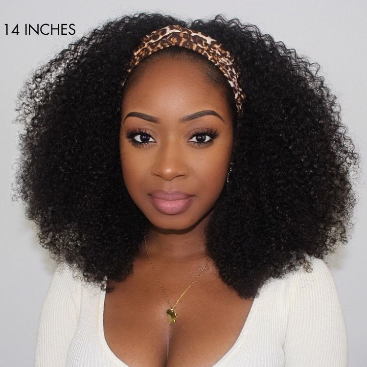 Natural Black Jerry Curly No Lace Glueless Free Part Long Headband Wig 100% Human Hair (Get Free Trendy Headbands)