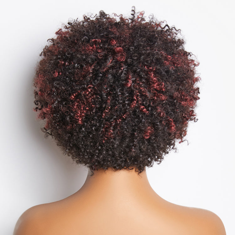 Dark Red / Blonde Highlights / Natural Black Afro Curls Glueless Ready to Go Wig Beginner Friendly