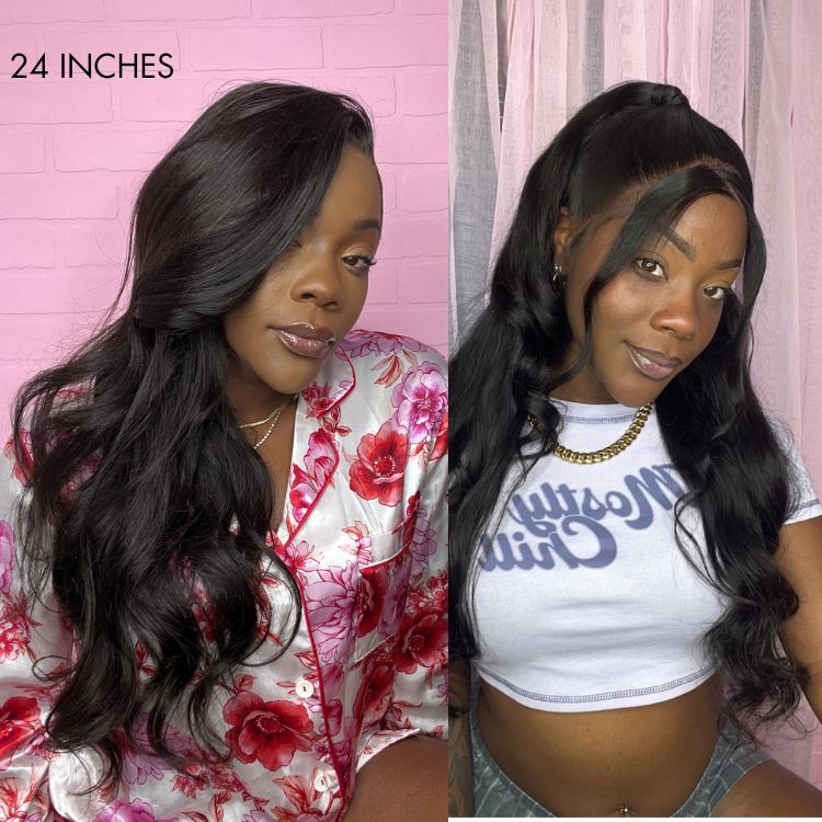 Glueless 13x6 Frontal Lace Natural Black Body Wave Side Part Long Wig 100% Human Hair