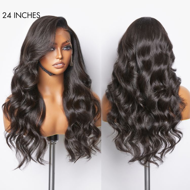 Glueless 13x6 Frontal Lace Natural Black Body Wave Side Part Long Wig 100% Human Hair