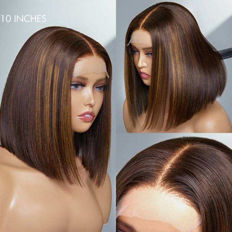 Newbie Only | Glueless Chestnut Brown Highlights Straight 4x4 Closure Bob Wig 100% Human Hair