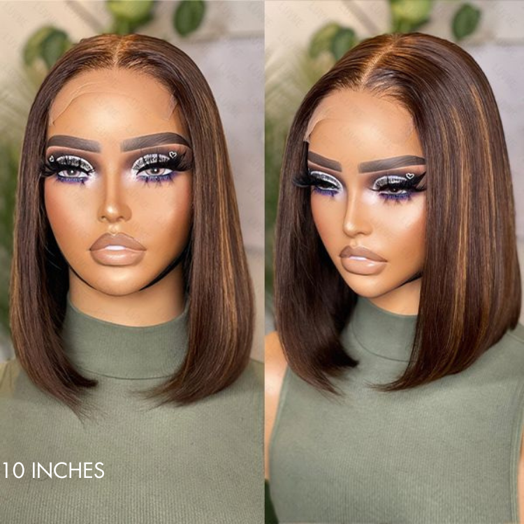 Newbie Only | Glueless Chestnut Brown Highlights Straight 4x4 Closure Bob Wig 100% Human Hair