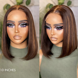 Glueless Chestnut Brown Highlights Straight 4x4 Closure Bob Wig 100% Human Hair