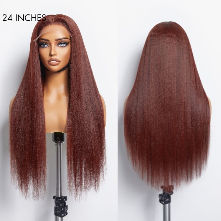 Realistic Reddish Brown Kinky Straight Glueless 5x5 Closure Lace Wig for All Skin Tones