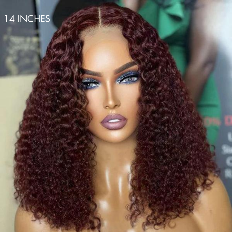 Dark Burgundy Kinky Curly 5x5 Closure Lace Glueless Mid Part Long Wig 100% Human Hair