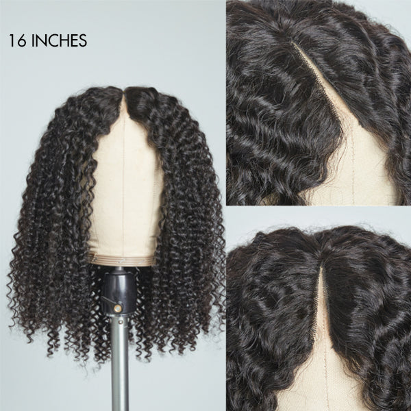 Beginner Friendly Jerry Curly V Part Natural Scalp Glueless Long Wig 100% Human Hair