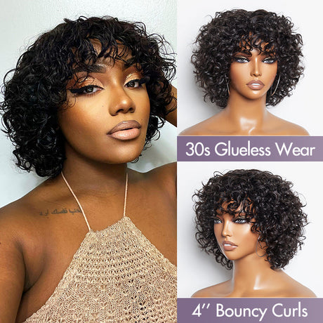 Beginner Friendly Trendy Water Wave Light Weight Glueless Short Cut Wig with Bangs