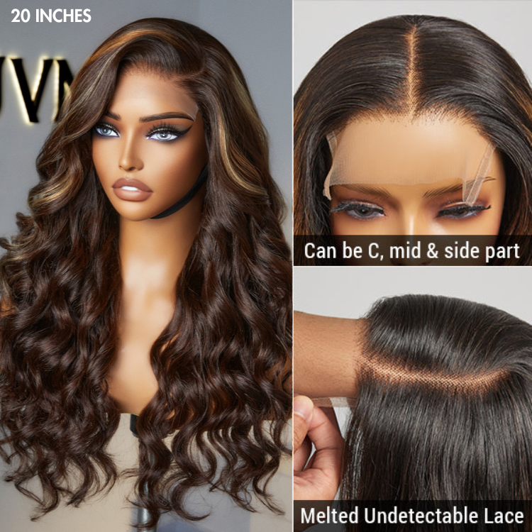 Blonde Brown Highlight Water Loose Wave 5x5 Closure Lace C Part Long Wig 100% Human Hair