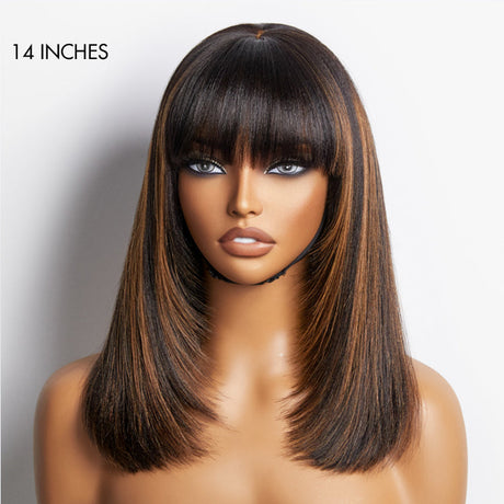 Put On and Go Reddish Purple / Brown Highlight / Natural Black Layered Cut Yaki Straight Minimalist Lace Bob Wig with Bangs