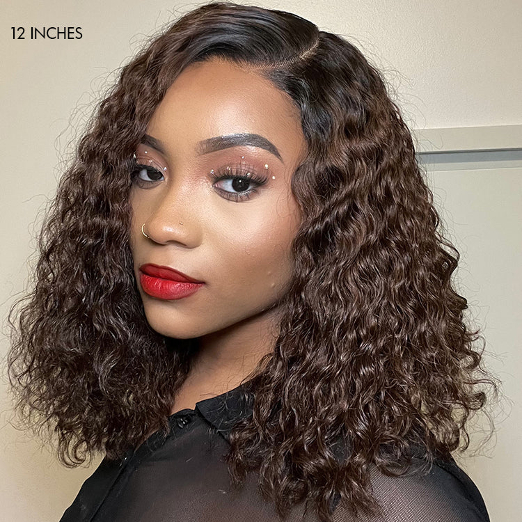 Ombre Brown Funmi Curly 5x5 Closure HD Lace Glueless Side Part Short Wig 100% Human Hair