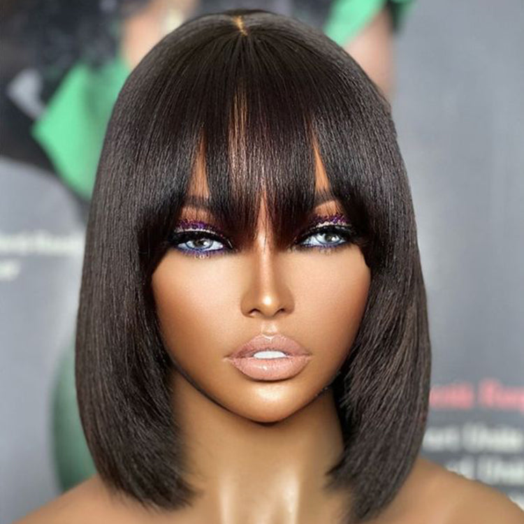 Trendy Layered Cut Yaki Straight Glueless Minimalist Lace Bob Wig With Bangs 100% Human Hair | Put On And Go