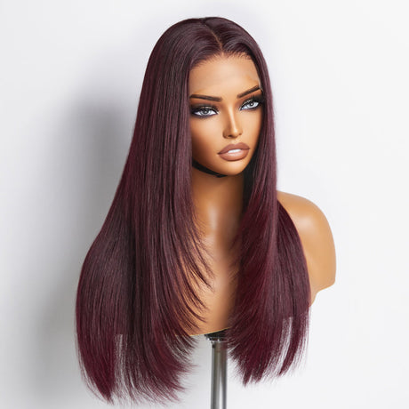 Graceful 99J Burgundy Straight Layer Glueless 5x5 Closure Lace Mid Part Long Wig 100% Human Hair