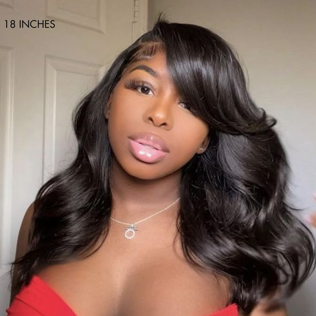 Graceful Natural Black Body Wave with Bangs 5x5 Closure Lace Glueless C Part Long Wig 100% Human Hair