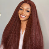 Realistic Reddish Brown Kinky Straight Glueless 5x5 Closure Lace Wig for All Skin Tones