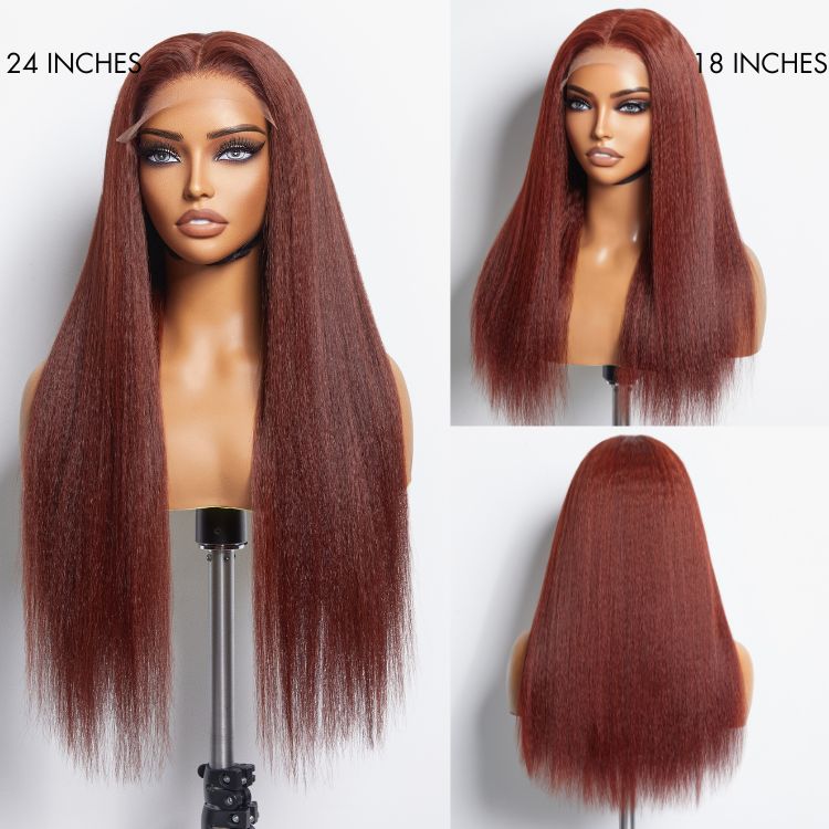 Realistic Reddish Brown Kinky Straight Glueless 5x5 Closure Lace Wig for All Skin Tones