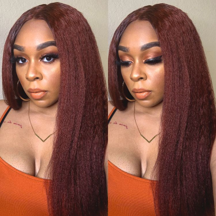 Realistic Reddish Brown Kinky Straight Glueless 5x5 Closure Lace Wig for All Skin Tones