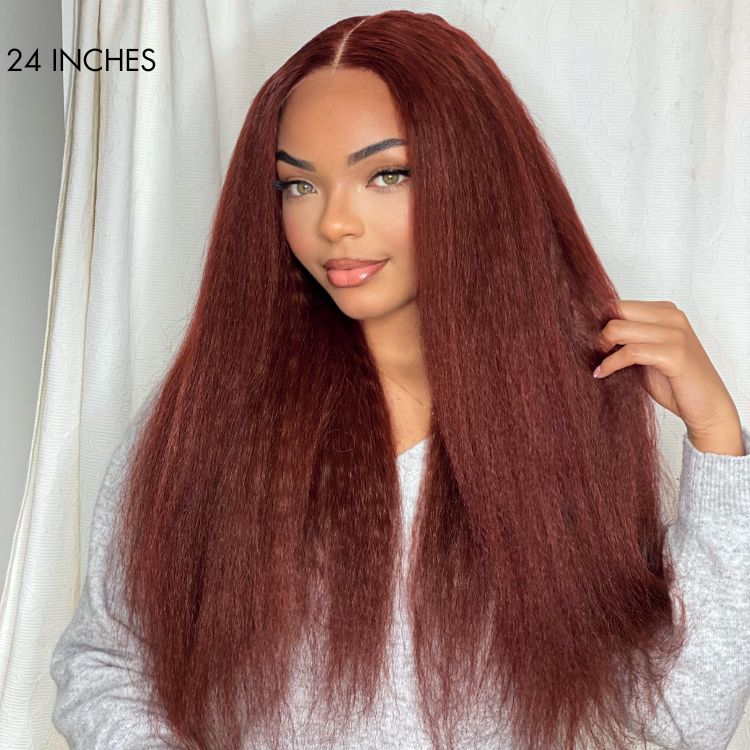 Realistic Reddish Brown Kinky Straight Glueless 5x5 Closure Lace Wig for All Skin Tones