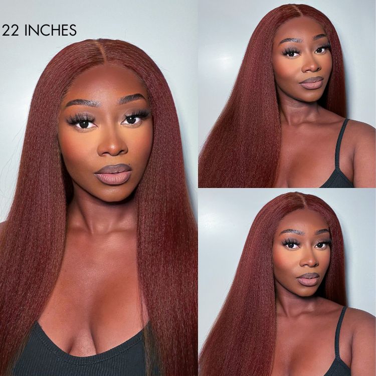 Realistic Reddish Brown Kinky Straight Glueless 5x5 Closure Lace Wig for All Skin Tones