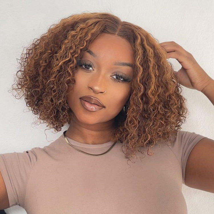 Mix Color Brown Curly Bob Wig Glueless 13x4 Lace Front Short Wig 100% Human Hair