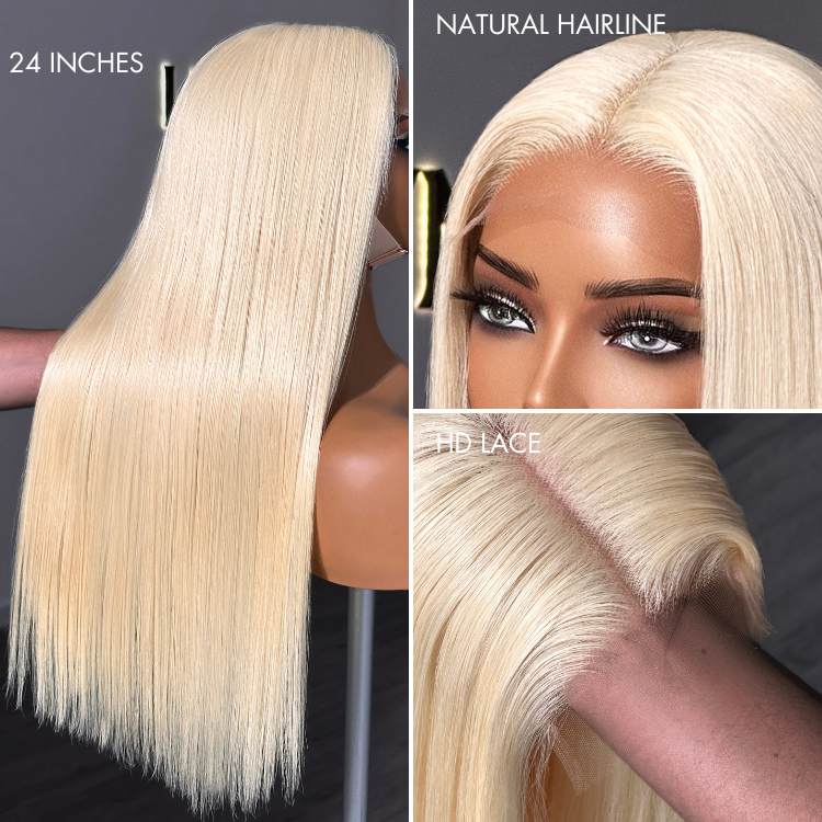 PreMax Wigs | Easily Redyed 613 Silky Straight 5x5 Closure HD Lace Glueless Mid Part Long Wig 100% Human Hair