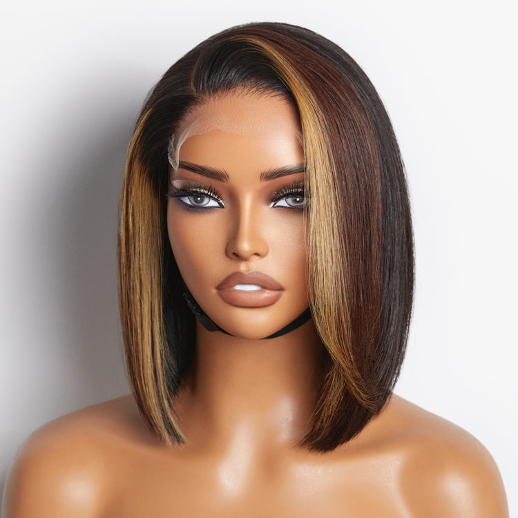 Brown Blonde Combo Highlight Straight Glueless 5x5 Closure HD Lace Bob Wig