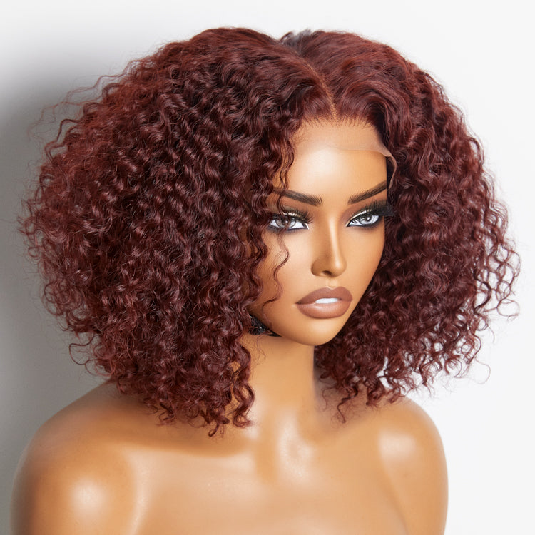 Dark Reddish Brown Water Wave Glueless 5x5 Closure Lace Short Curly Wig