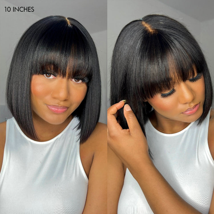 Put On and Go Realistic Glueless Yaki Straight Bob with Bangs Minimalist Lace Wig 100% Human Hair