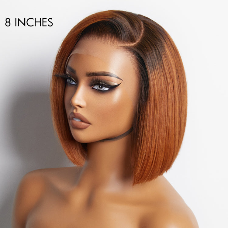 Ginger Ombre Silky Blunt Cut Glueless 13x4 Lace Front Short Bob Wig 100% Human Hair