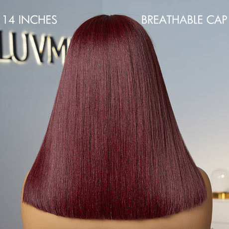 Put On and Go Reddish Purple / Brown Highlight / Natural Black Layered Cut Yaki Straight Minimalist Lace Bob Wig with Bangs