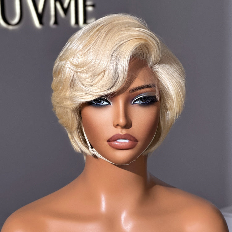 613 Blonde Pixie Cut Glueless Minimalist HD Lace C Part Short Wig 100% Human Hair