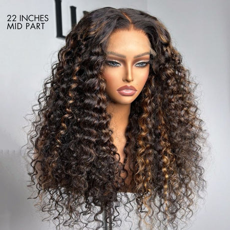 PartingMax Glueless Wig Chestnut Brown Highlights Funmi 7x6 Closure HD Lace Long Curly Wig Breathable Cap