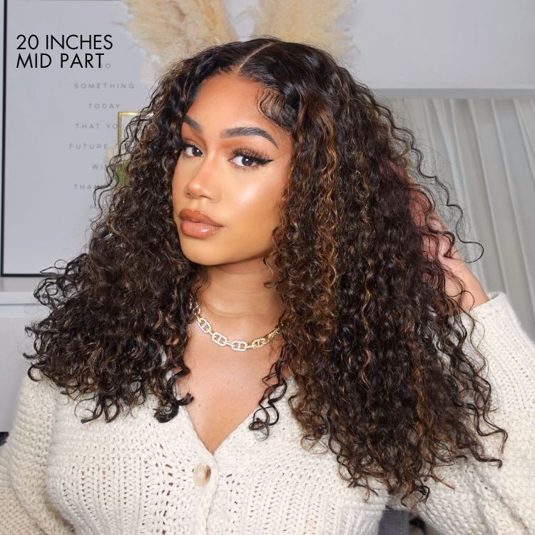 PartingMax Glueless Wig Chestnut Brown Highlights Funmi 7x6 Closure HD Lace Long Curly Wig Breathable Cap