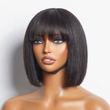 Beginner Friendly Yaki Straight Blunt Cut Bob with Bangs Glueless Minimalist Lace Wig