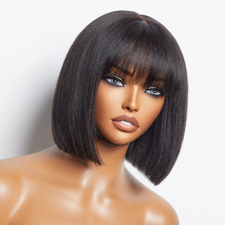 Beginner Friendly Yaki Straight Blunt Cut Bob with Bangs Glueless Minimalist Lace Wig