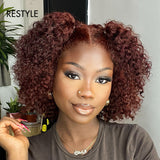 Dark Reddish Brown Water Wave Glueless 5x5 Closure Lace Short Curly Wig