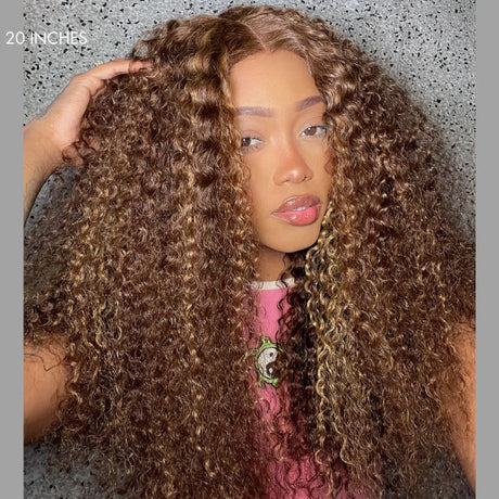 Honey Blonde Highlight Kinky Curly Glueless 5x5 Closure HD Lace Wig Breathable Cap