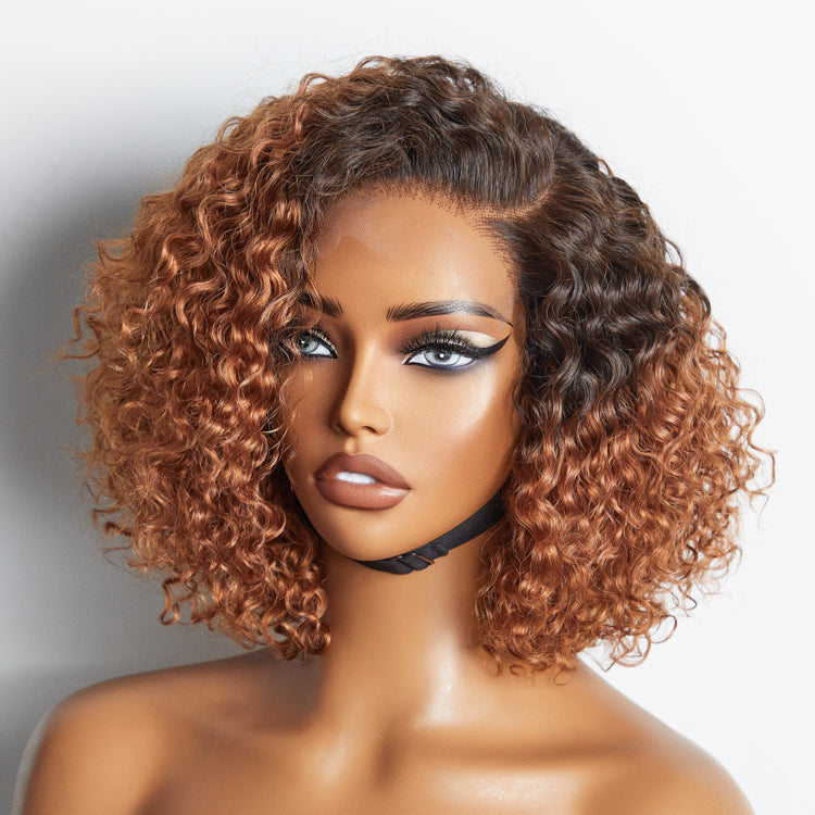 Trendy Mix Brown Short Cut Curly Minimalist HD Lace Glueless Side Part Wig 100% Human Hair