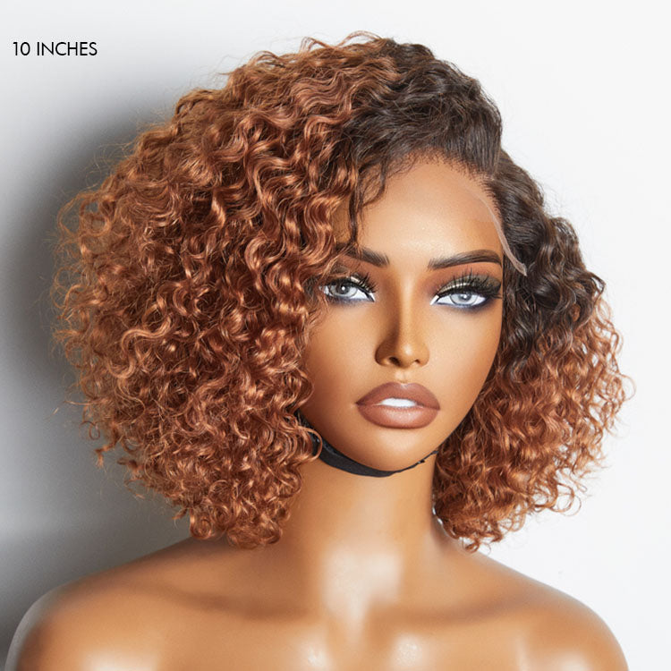 Trendy Mix Brown Short Cut Curly Minimalist HD Lace Glueless Side Part Wig 100% Human Hair