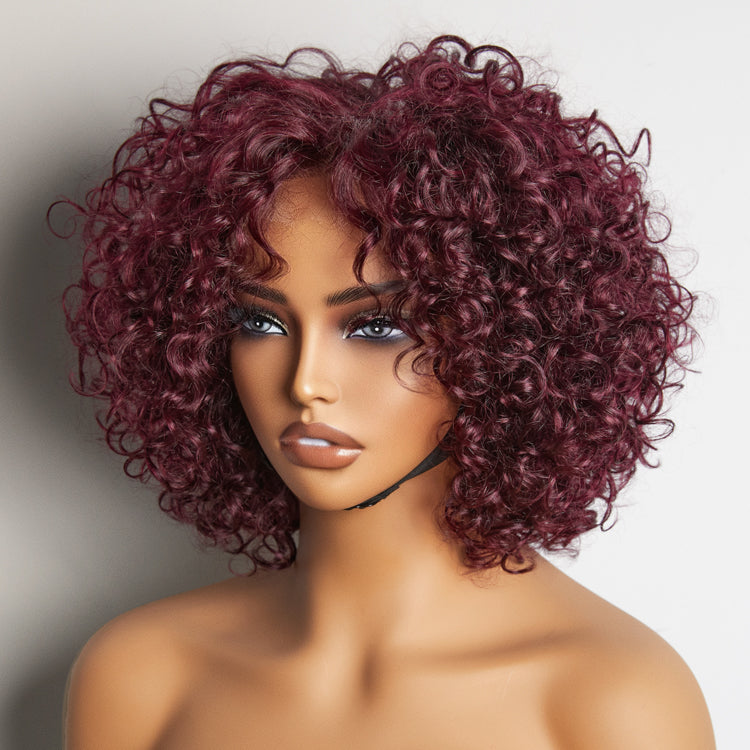 Trendy Burgundy Curly Bob Glueless Minimalist Lace T Part Wig 100% Human Hair