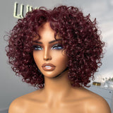 Trendy Burgundy Curly Bob Glueless Minimalist Lace T Part Wig 100% Human Hair