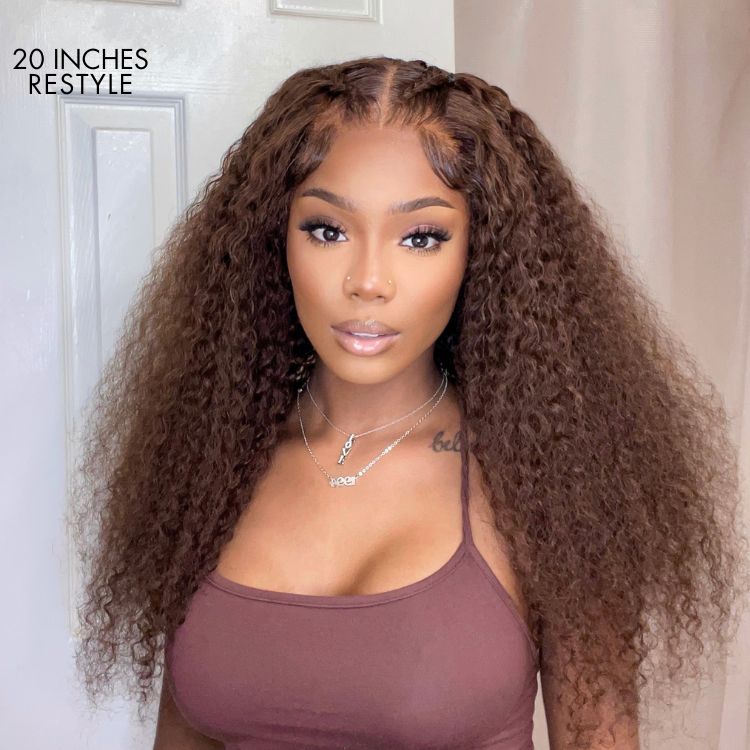 Light Chocolate Brown Kinky Curly Glueless 5x5 Closure Long Wig 100% Human Hair