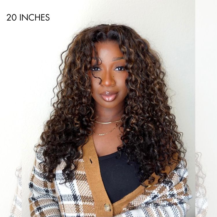 PartingMax Glueless Wig Chestnut Brown Highlights Funmi 7x6 Closure HD Lace Long Curly Wig Breathable Cap