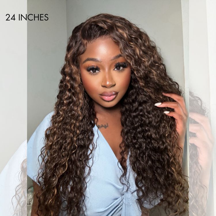 PartingMax Glueless Wig Chestnut Brown Highlights Funmi 7x6 Closure HD Lace Long Curly Wig Breathable Cap