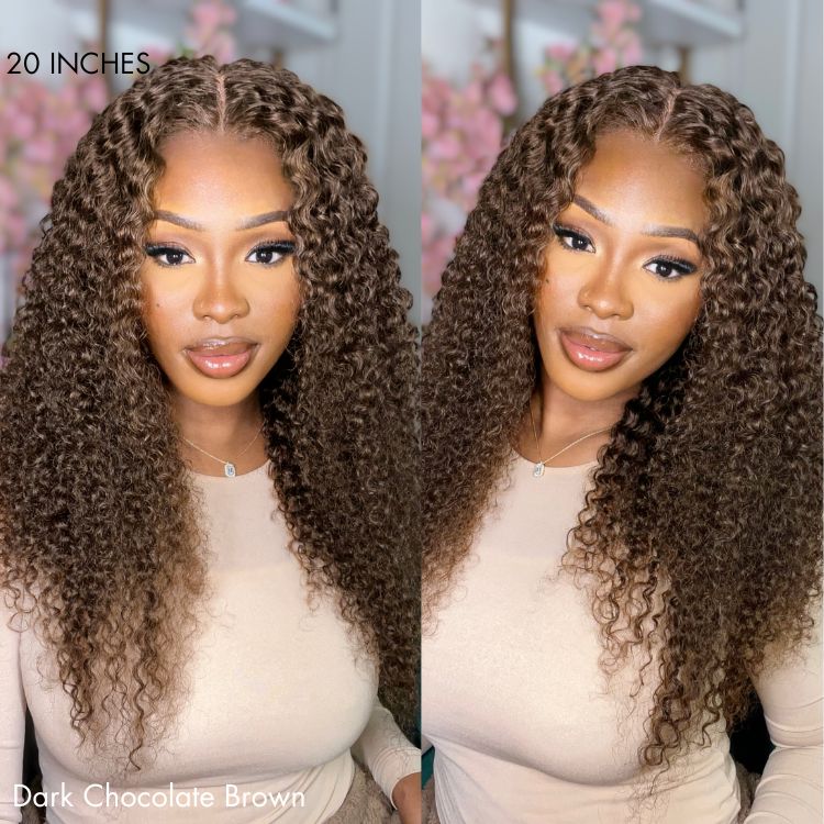 Chocolate Brown Long Curly Glueless 5x5 Closure Long Wig 100% Human Hair