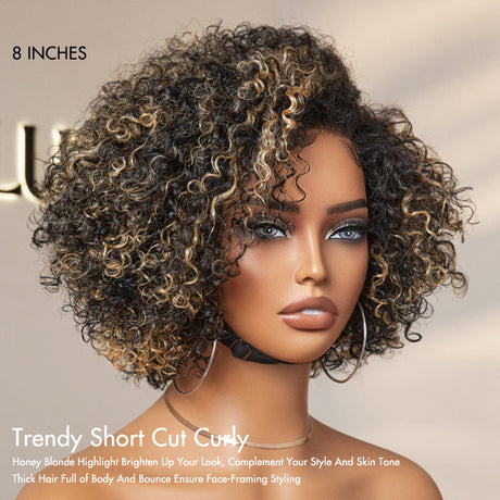 1 SEC INSTALL WIG | Honey Blonde Highlight / Natural Black Kinky Curly Glueless Minimalist HD Lace Classic Short Wig