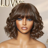 Beginner Friendly Brown Loose Wave Glueless Minimalist Lace Shoulder Length Wavy Bob Wig with Bangs