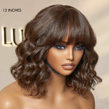 Beginner Friendly Brown Loose Wave Glueless Minimalist Lace Shoulder Length Wavy Bob Wig with Bangs