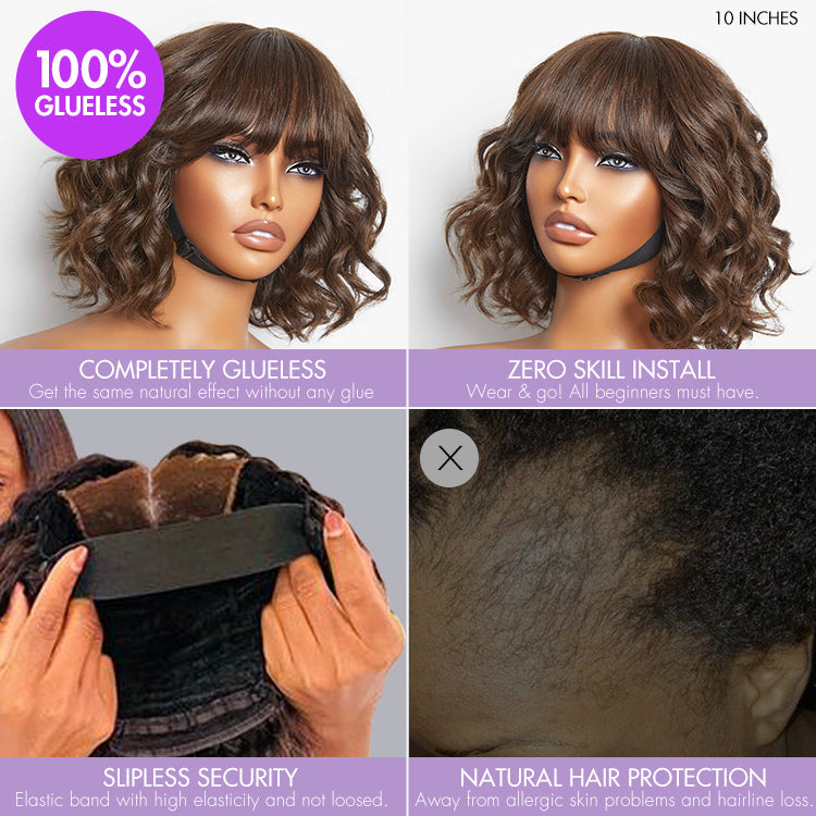 Beginner Friendly Brown Loose Wave Glueless Minimalist Lace Shoulder Length Wavy Bob Wig with Bangs